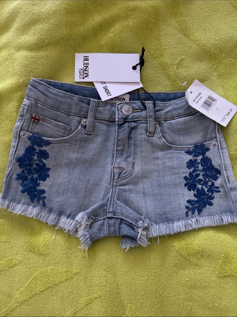 Hudson Jeans Kids Light Blue Denim Shorts with Blue Floral Embroidery